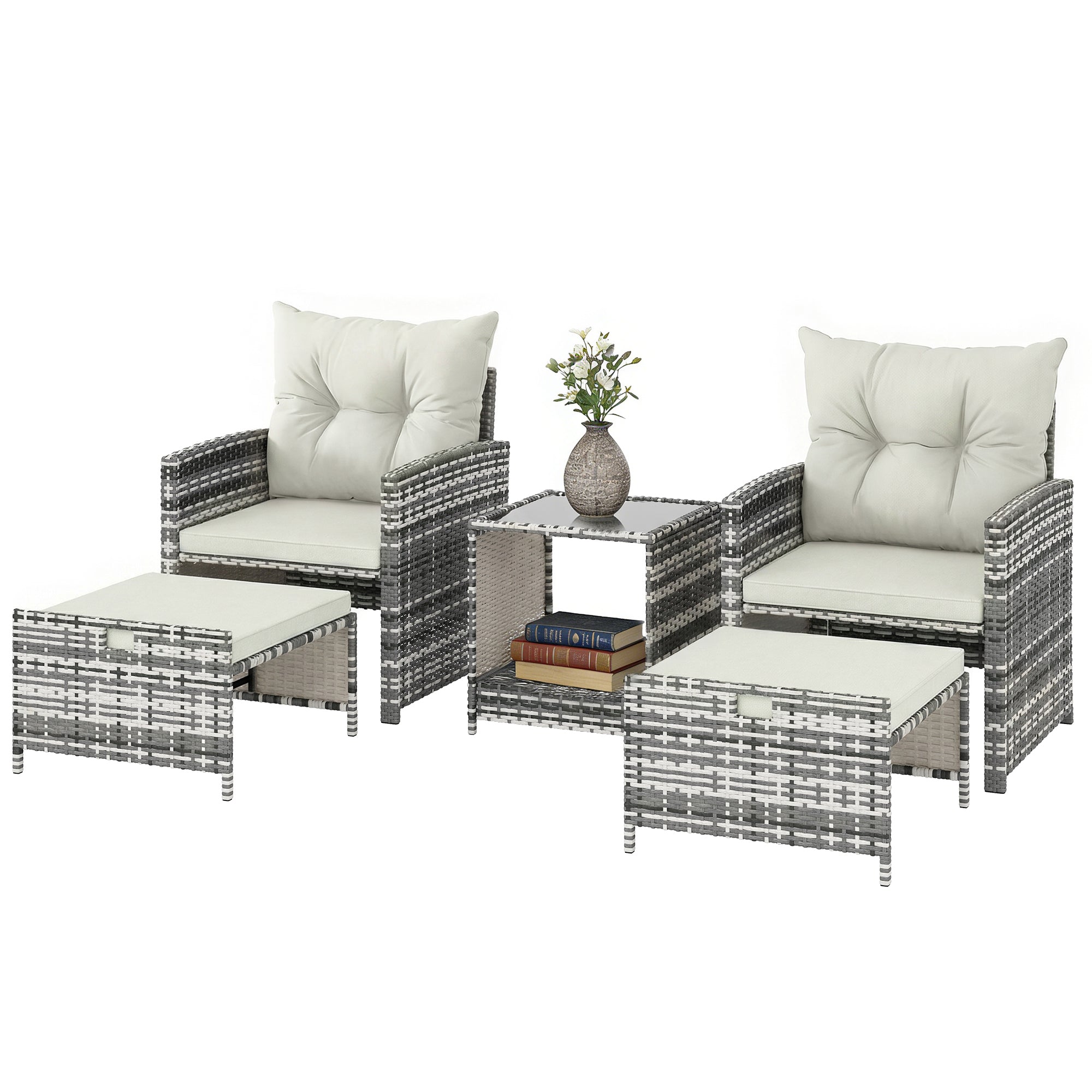 5-Piece Wicker Patio Furniture Set - Grey/Cream White-DECOROLALA