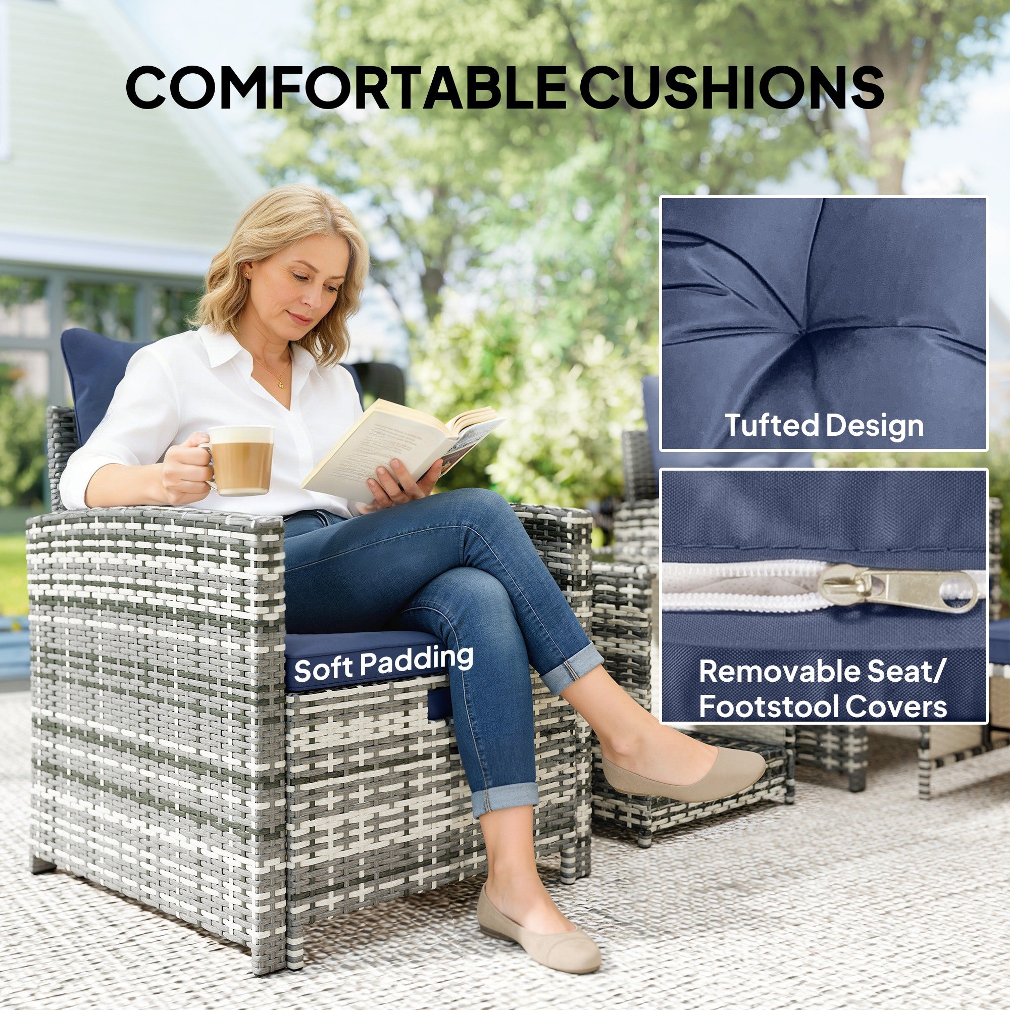 5 Piece Wicker Patio Furniture Set - Grey/Dark Blue-DECOROLALA