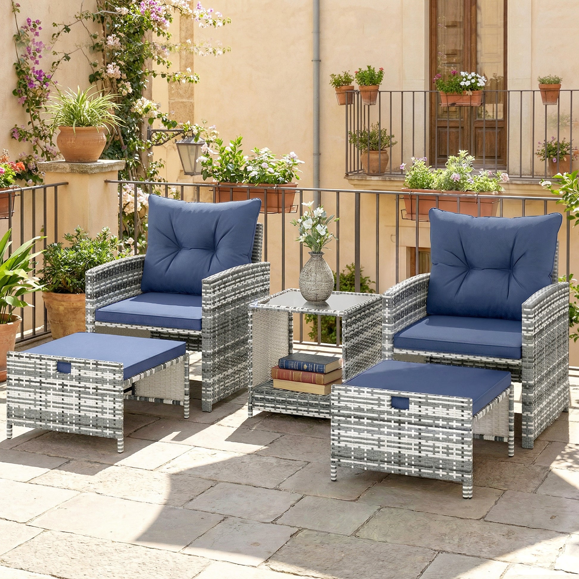 5 Piece Wicker Patio Furniture Set - Grey/Dark Blue-DECOROLALA