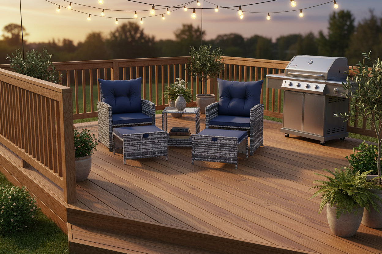5 Piece Wicker Patio Furniture Set - Grey/Dark Blue-DECOROLALA