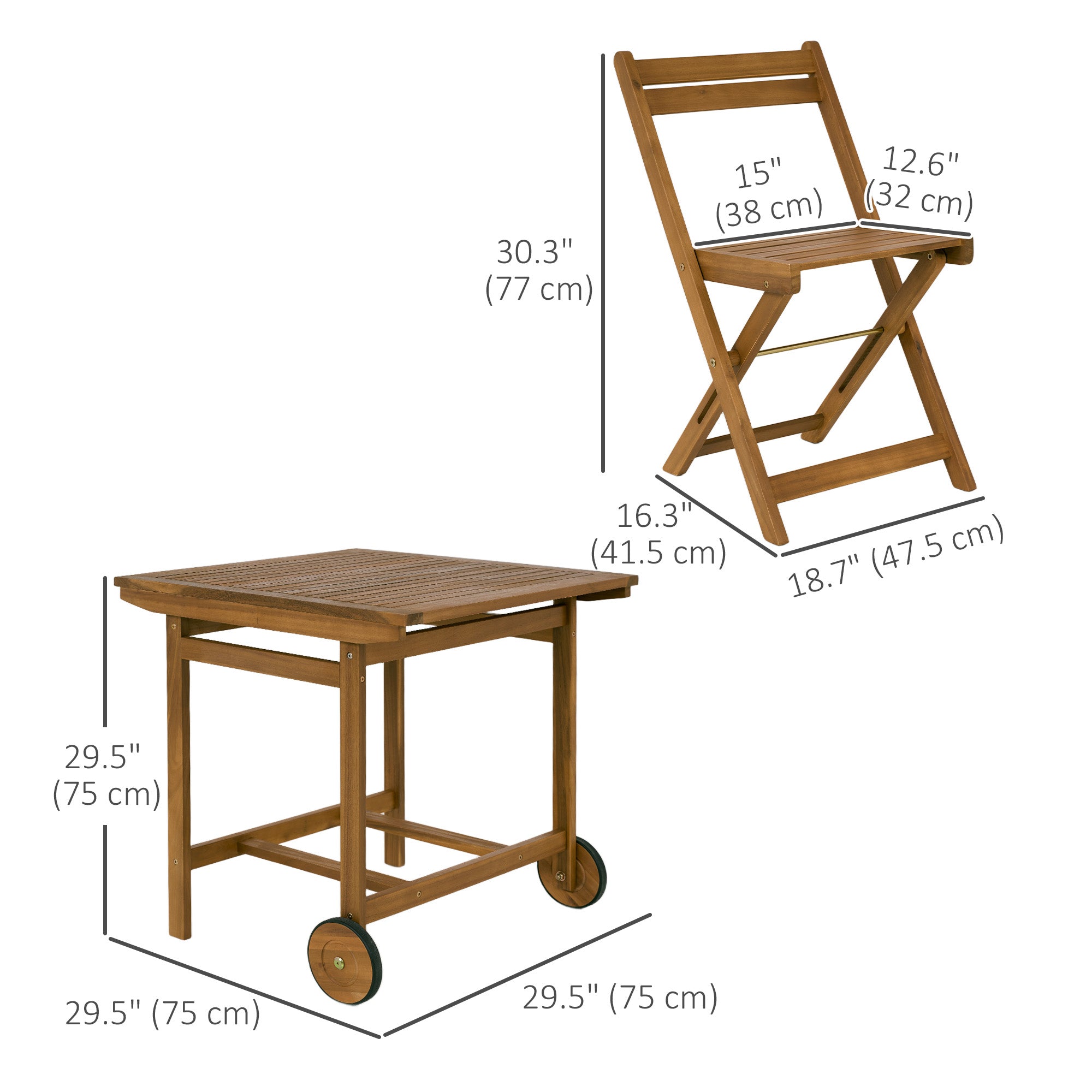 5-Piece Wood Patio Dining Set, Teak, Wheels, Folding Chairs with Cushions for Garden-DECOROLALA