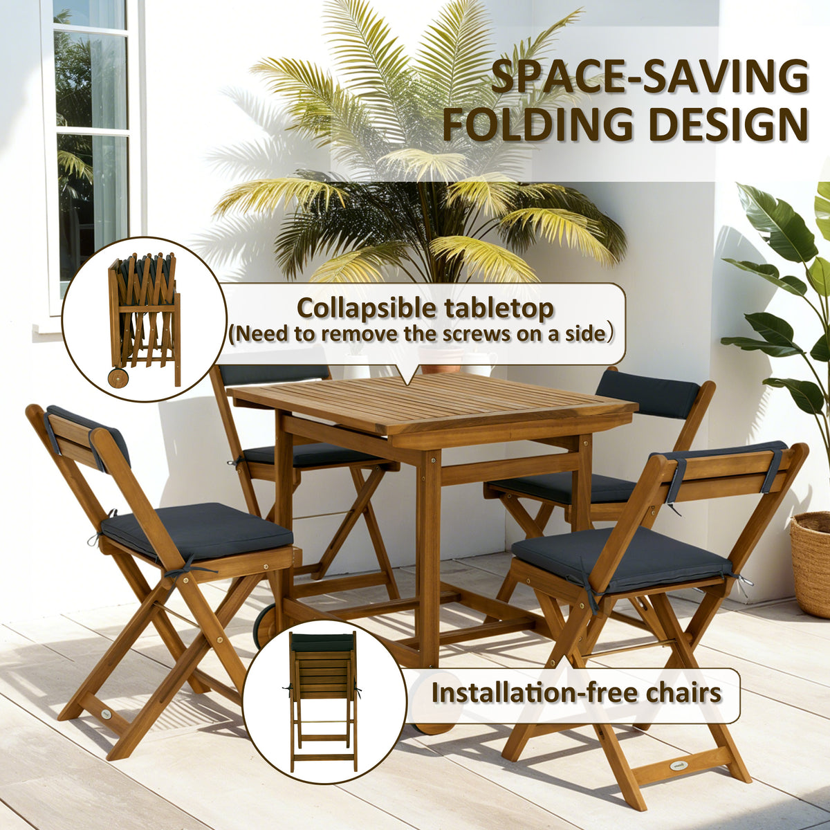 5-Piece Wood Patio Dining Set, Teak, Wheels, Folding Chairs with Cushions for Garden-Patio Dining Sets-DECOROLALA
