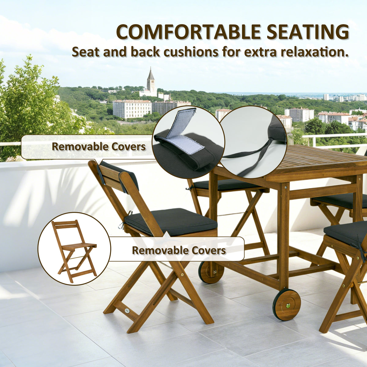 5-Piece Wood Patio Dining Set, Teak, Wheels, Folding Chairs with Cushions for Garden-Patio Dining Sets-DECOROLALA
