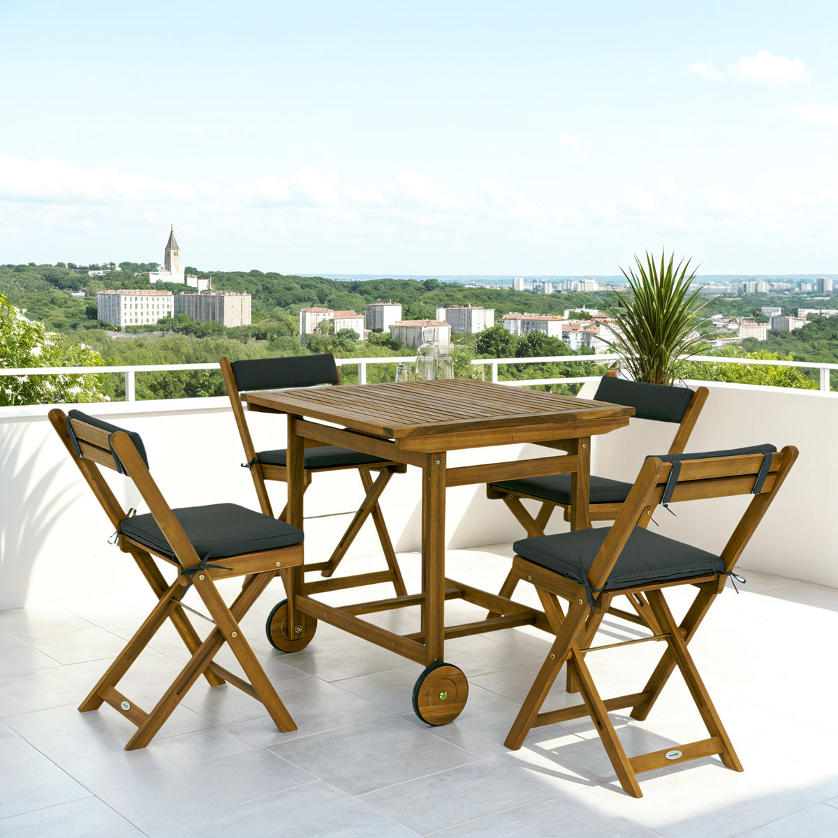 5-Piece Wood Patio Dining Set, Teak, Wheels, Folding Chairs with Cushions for Garden-Patio Dining Sets-DECOROLALA