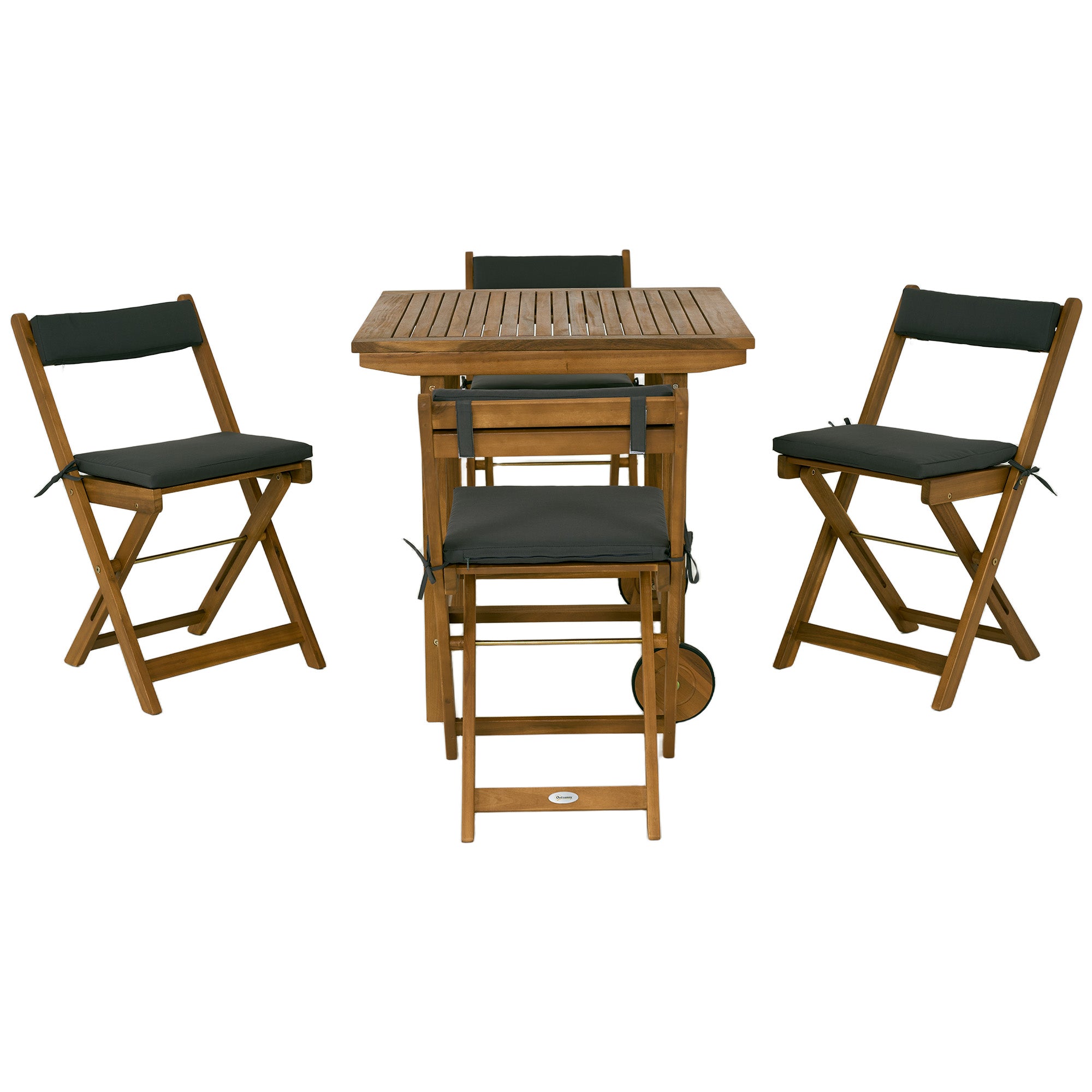 5-Piece Wood Patio Dining Set, Teak, Wheels, Folding Chairs with Cushions for Garden-DECOROLALA