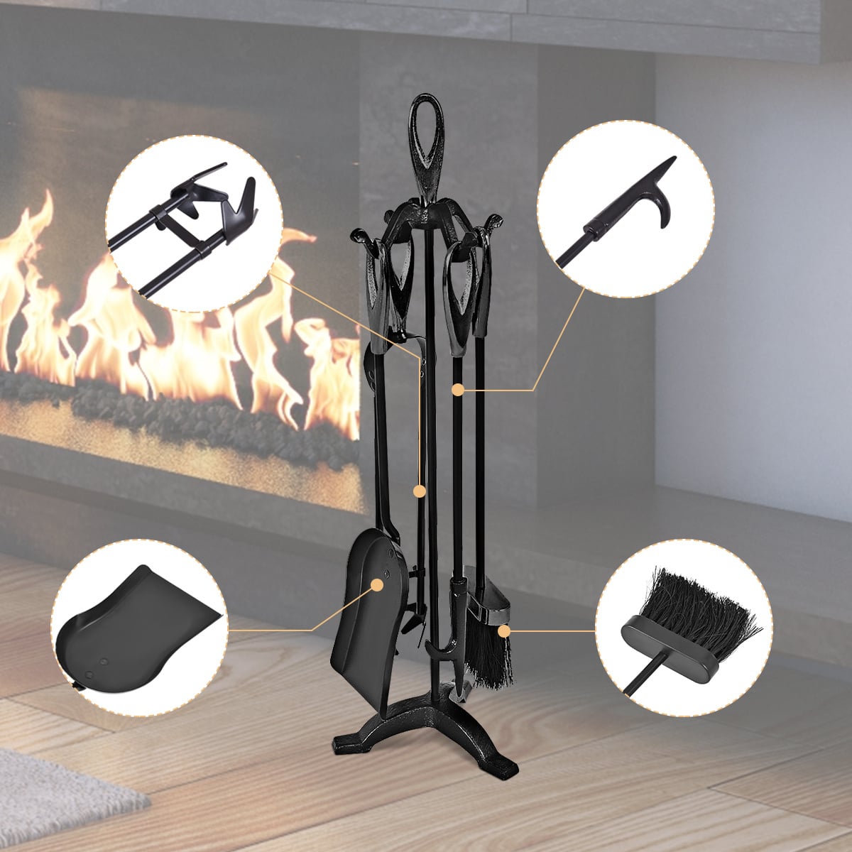 5-Piece Wrought Iron Fireplace Tools Set - Rustic Black-Fireplace Tools-DECOROLALA