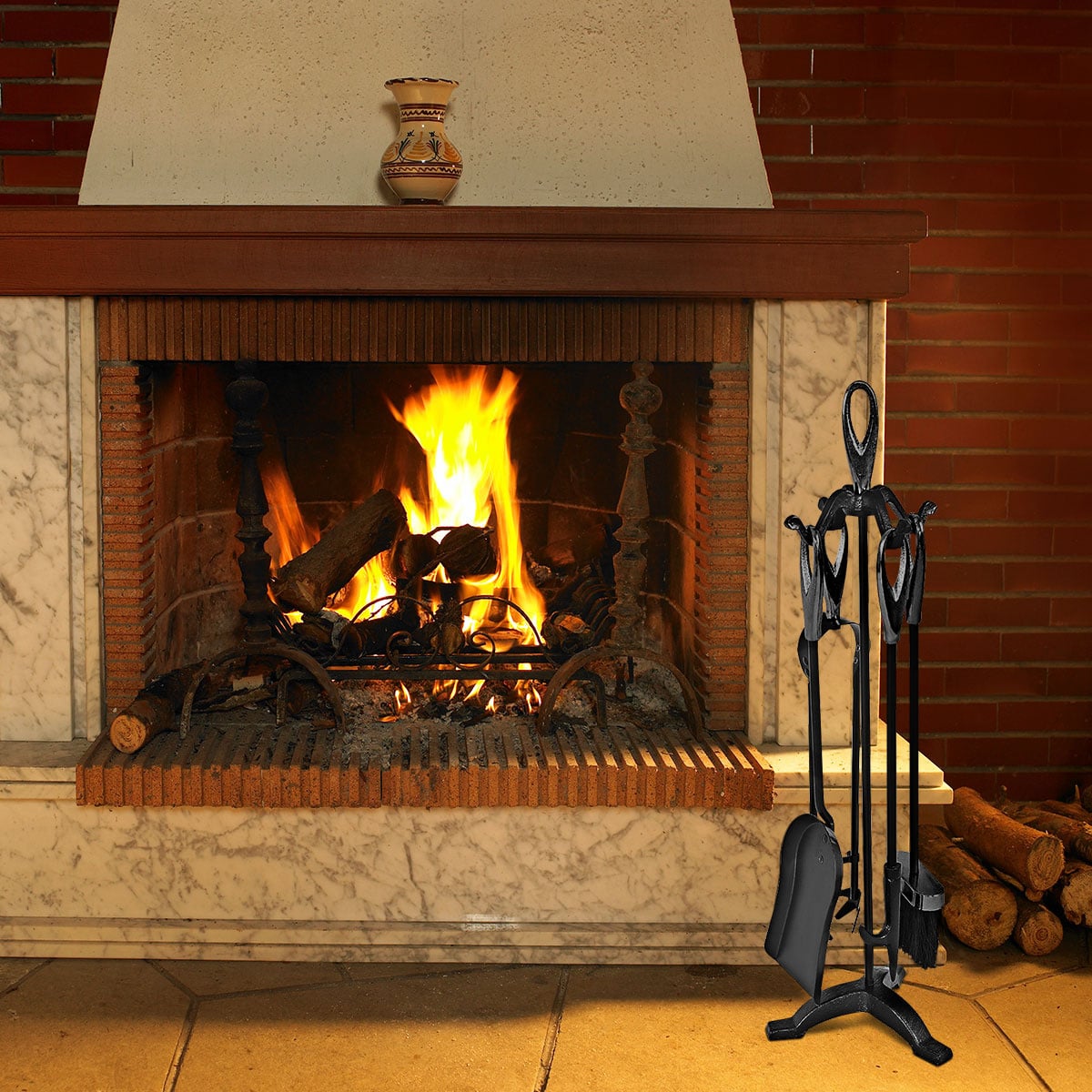 5-Piece Wrought Iron Fireplace Tools Set - Rustic Black-Fireplace Tools-DECOROLALA