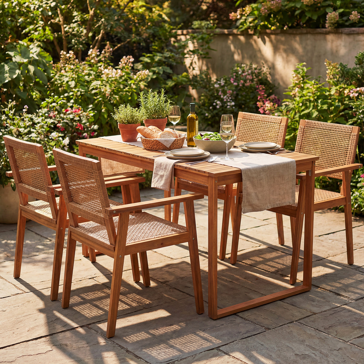 5 Pieces Acacia Wood Dining Set with Outdoor Table and Rattan Chairs for 4 Persons-Patio Dining Sets-DECOROLALA