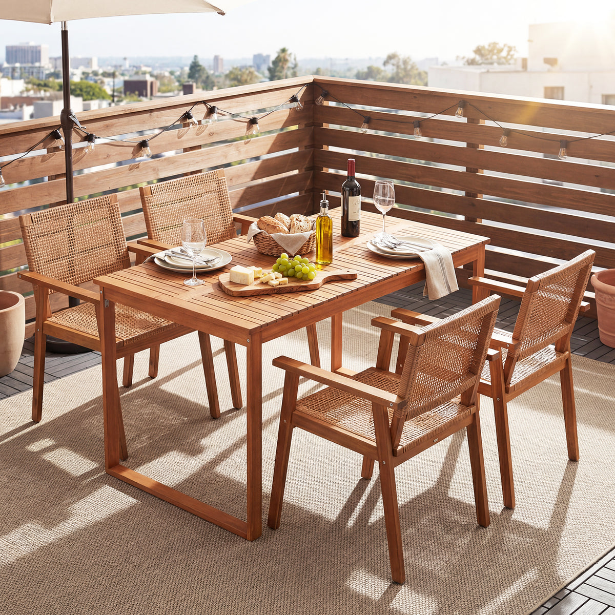 5 Pieces Acacia Wood Dining Set with Outdoor Table and Rattan Chairs for 4 Persons-Patio Dining Sets-DECOROLALA