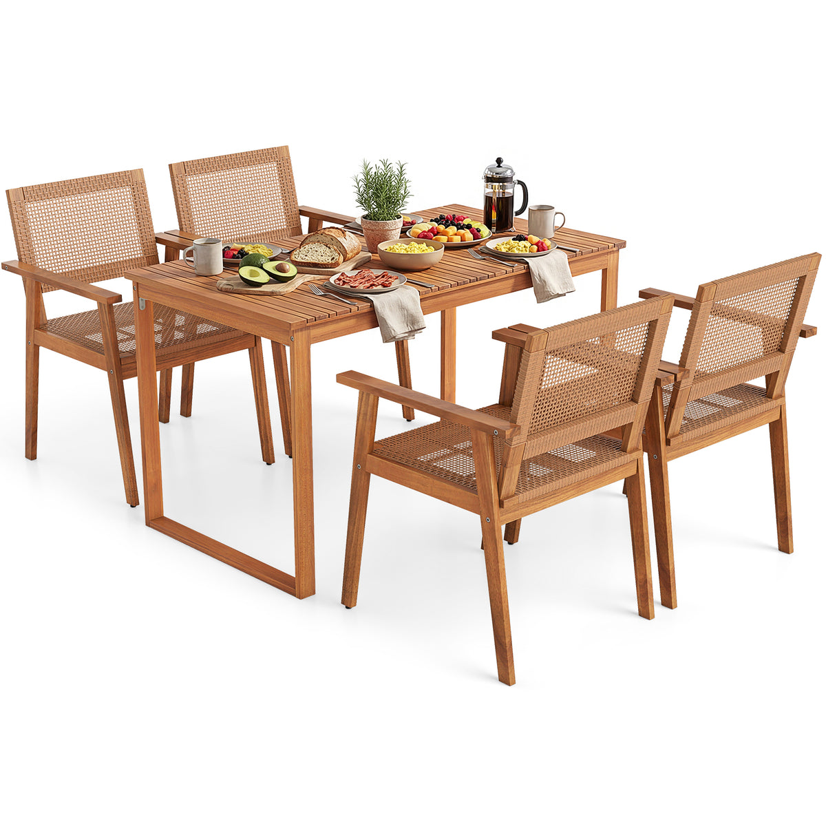 5 Pieces Acacia Wood Dining Set with Outdoor Table and Rattan Chairs for 4 Persons-Patio Dining Sets-DECOROLALA