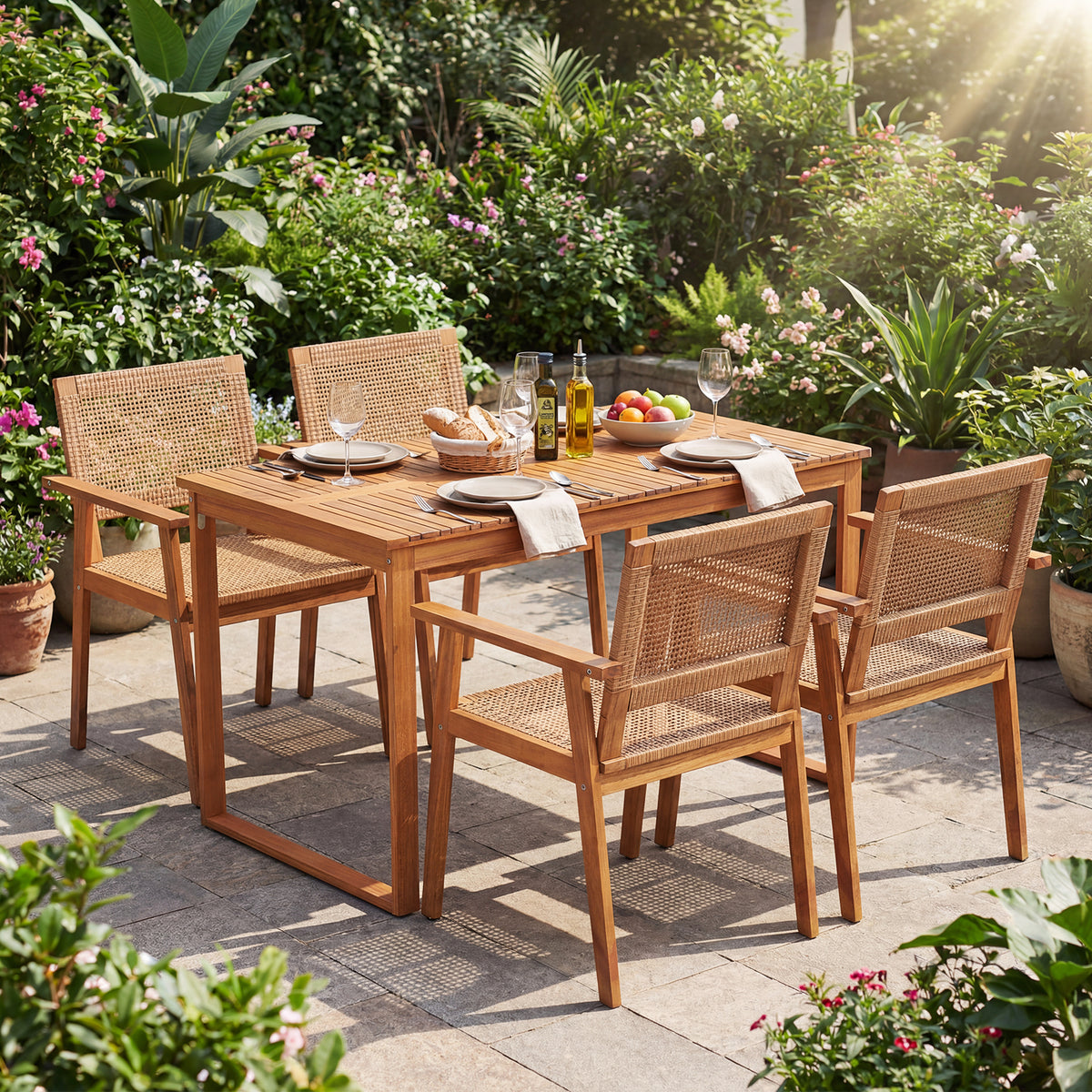 5 Pieces Acacia Wood Dining Set with Outdoor Table and Rattan Chairs for 4 Persons-Patio Dining Sets-DECOROLALA