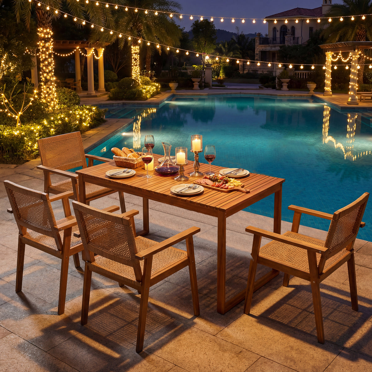 5 Pieces Acacia Wood Dining Set with Outdoor Table and Rattan Chairs for 4 Persons-Patio Dining Sets-DECOROLALA