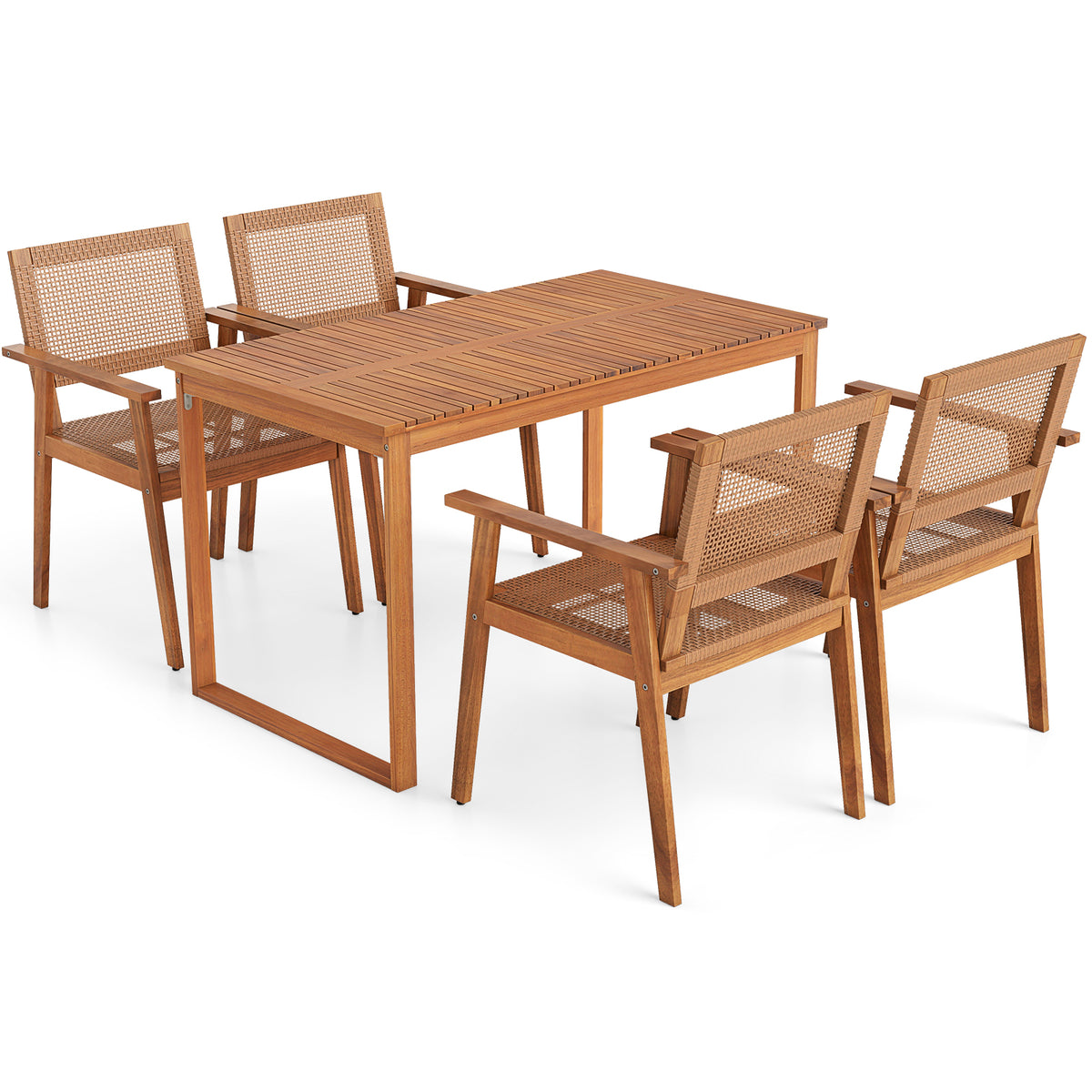 5 Pieces Acacia Wood Dining Set with Outdoor Table and Rattan Chairs for 4 Persons-Patio Dining Sets-DECOROLALA
