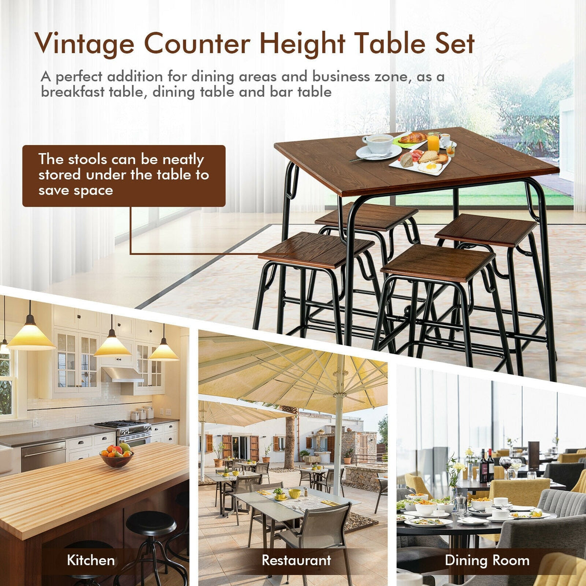 5 Pieces Bar Table Set with 4 Counter Height Backless Stools-Rustic Brown-Dining Room Sets-DECOROLALA