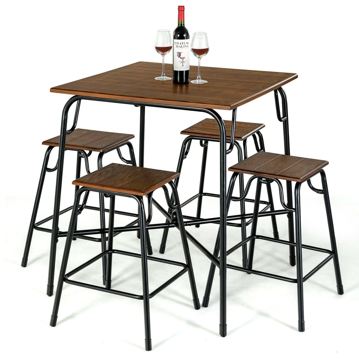 5 Pieces Bar Table Set with 4 Counter Height Backless Stools-Rustic Brown-Dining Room Sets-DECOROLALA