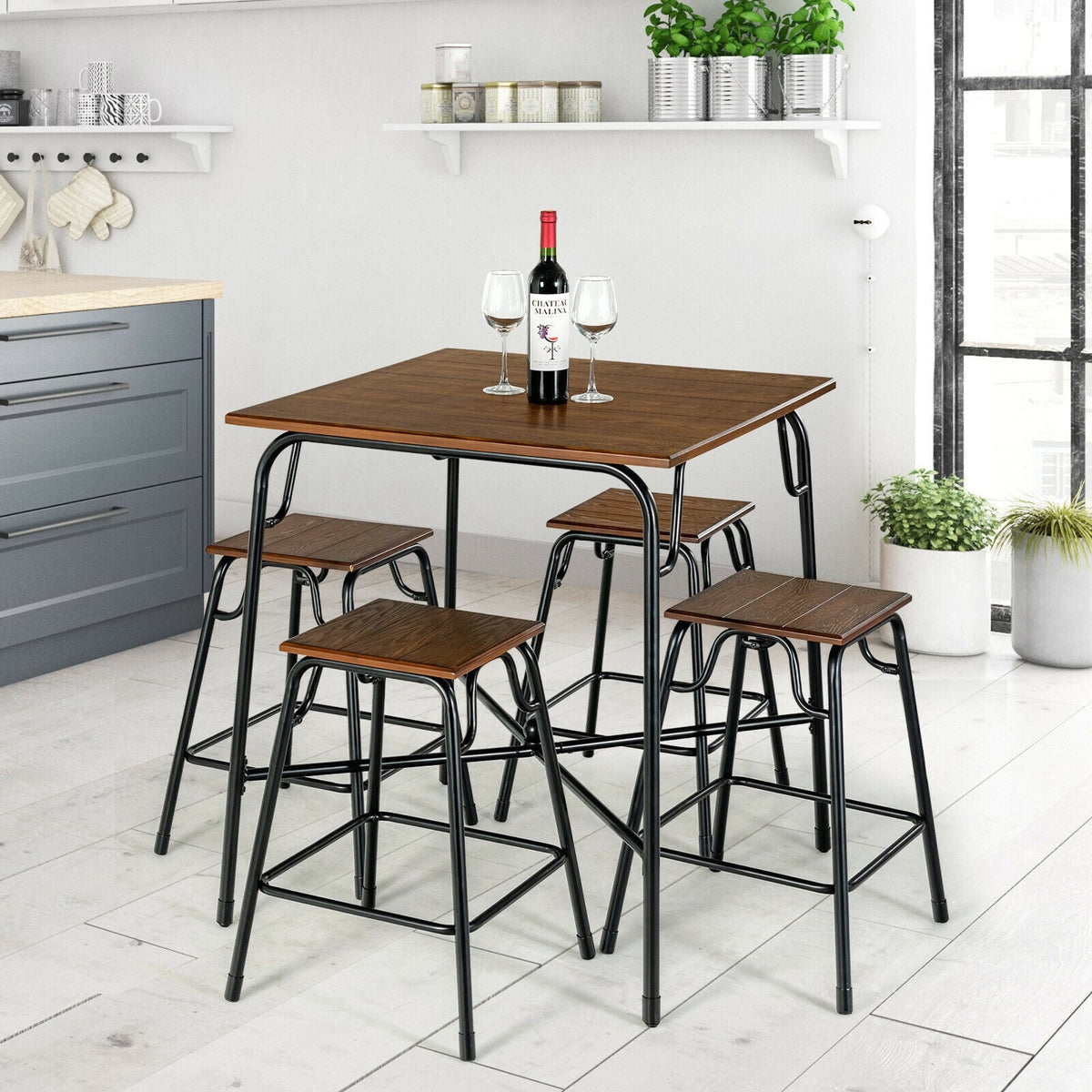 5 Pieces Bar Table Set with 4 Counter Height Backless Stools-Rustic Brown-Dining Room Sets-DECOROLALA