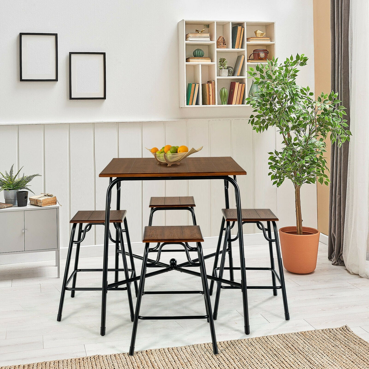 5 Pieces Bar Table Set with 4 Counter Height Backless Stools-Rustic Brown-Dining Room Sets-DECOROLALA