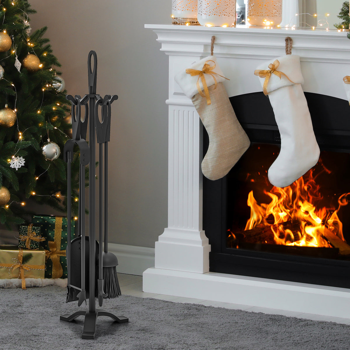 5 Pieces Fireplace Tool Set Fireplace Accessories with Poker-Black-Fireplace Tools-DECOROLALA