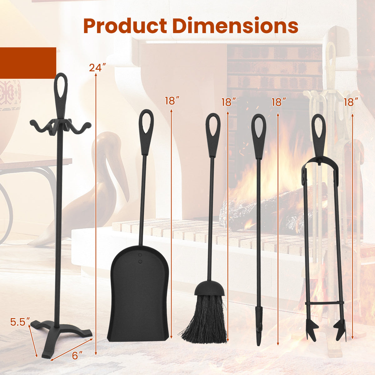 5 Pieces Fireplace Tool Set Fireplace Accessories with Poker-Black-Fireplace Tools-DECOROLALA