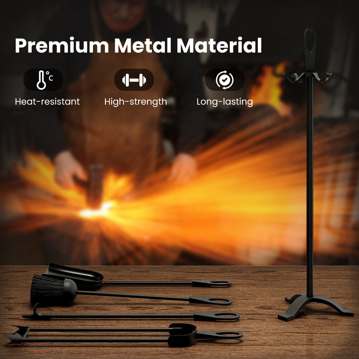 5 Pieces Fireplace Tool Set Fireplace Accessories with Poker-Black-Fireplace Tools-DECOROLALA