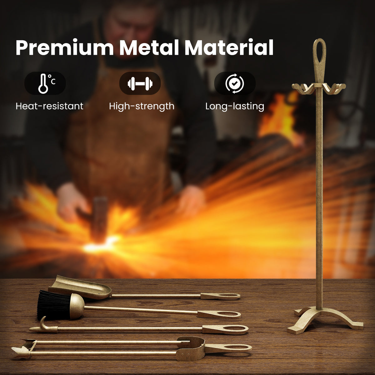 5 Pieces Fireplace Tool Set Fireplace Accessories with Poker-Copper-Fireplace Tools-DECOROLALA