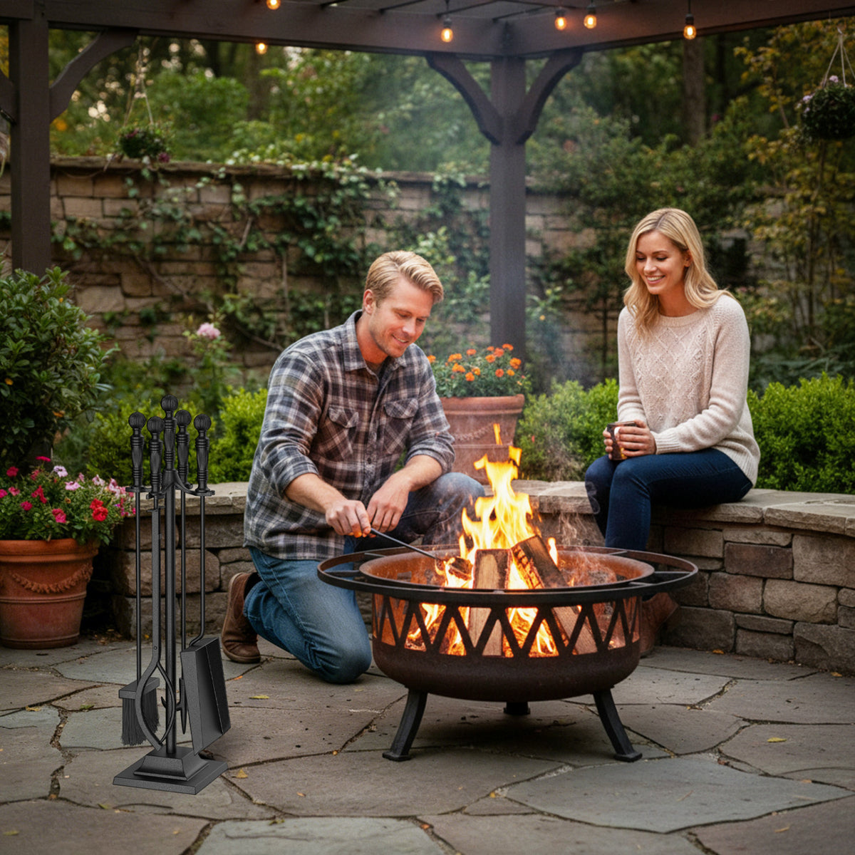 5-Pieces Fireplace Tool Set Indoor Outdoor Fire Place Set Tools with Aluminum Handles-Fireplace Tools-DECOROLALA