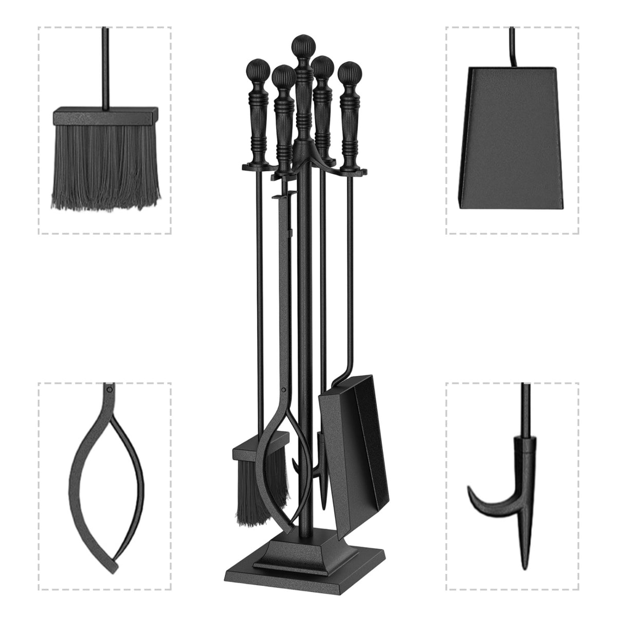 5-Pieces Fireplace Tool Set Indoor Outdoor Fire Place Set Tools with Aluminum Handles-Fireplace Tools-DECOROLALA