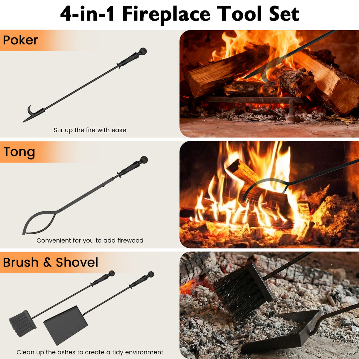 5-Pieces Fireplace Tool Set Indoor Outdoor Fire Place Set Tools with Aluminum Handles-Fireplace Tools-DECOROLALA