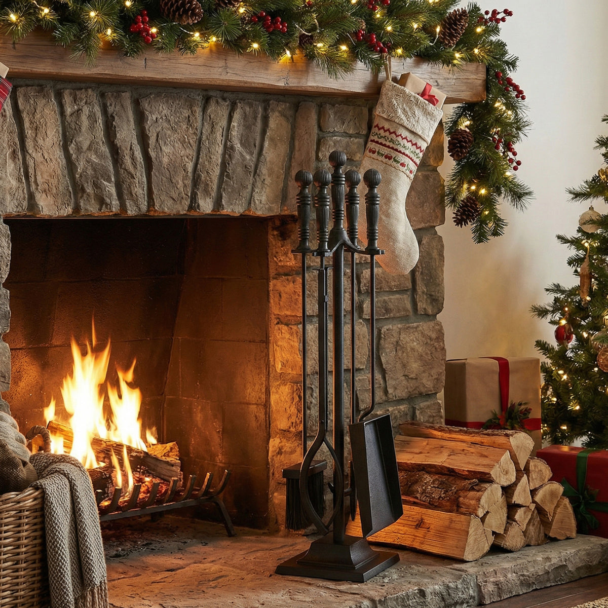5-Pieces Fireplace Tool Set Indoor Outdoor Fire Place Set Tools with Aluminum Handles-Fireplace Tools-DECOROLALA