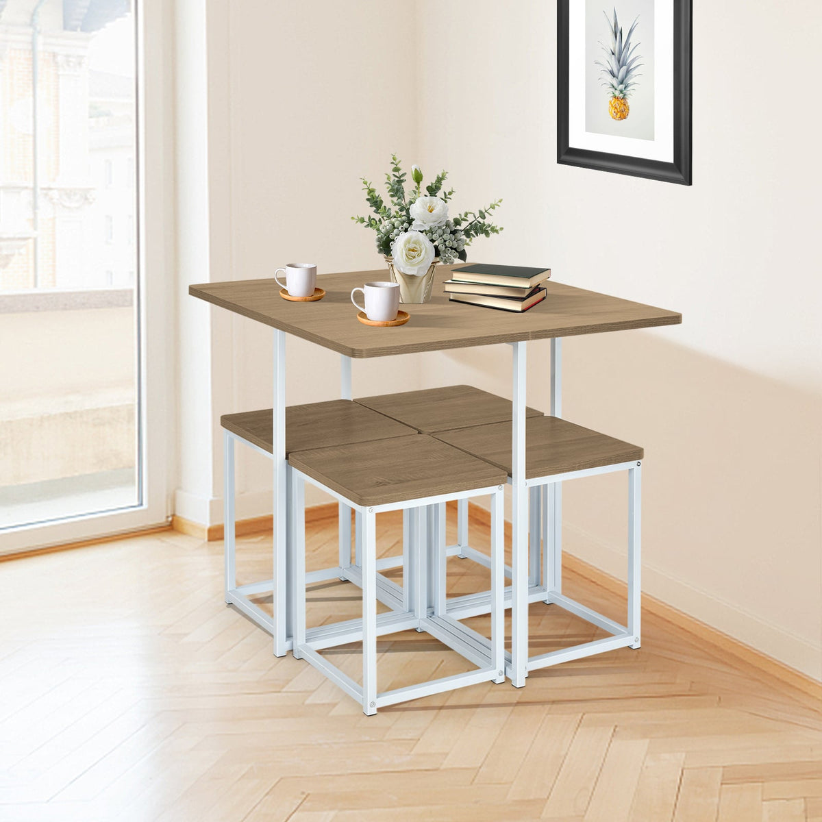 5 Pieces Metal Frame Dining Set with Compact Dining Table and 4 Stools-Natural-Dining Room Sets-DECOROLALA