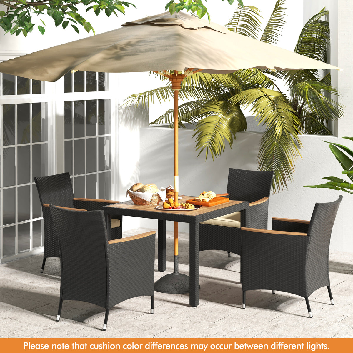 5 Pieces Patio Dining Table Set for 4 with Umbrella Hole-Brown-Patio Furniture Sets-DECOROLALA