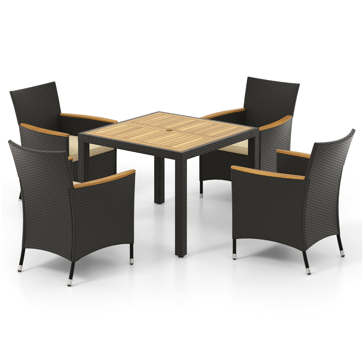 5 Pieces Patio Dining Table Set for 4 with Umbrella Hole-Brown-Patio Furniture Sets-DECOROLALA