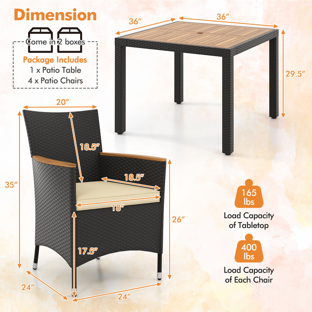 5 Pieces Patio Dining Table Set for 4 with Umbrella Hole-Brown-Patio Furniture Sets-DECOROLALA
