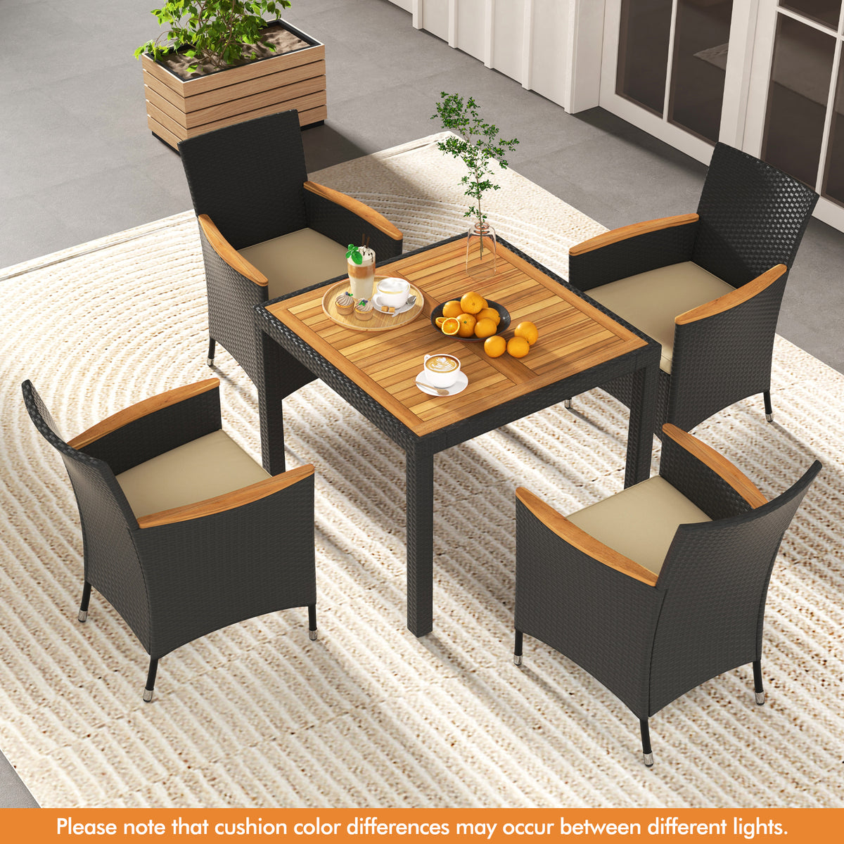 5 Pieces Patio Dining Table Set for 4 with Umbrella Hole-Brown-Patio Furniture Sets-DECOROLALA