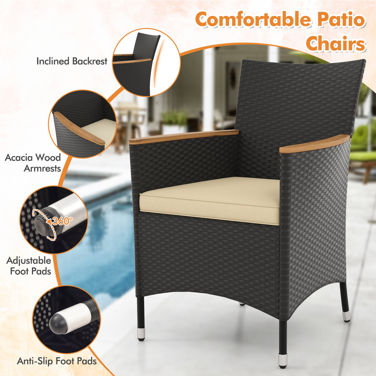 5 Pieces Patio Dining Table Set for 4 with Umbrella Hole-Brown-Patio Furniture Sets-DECOROLALA