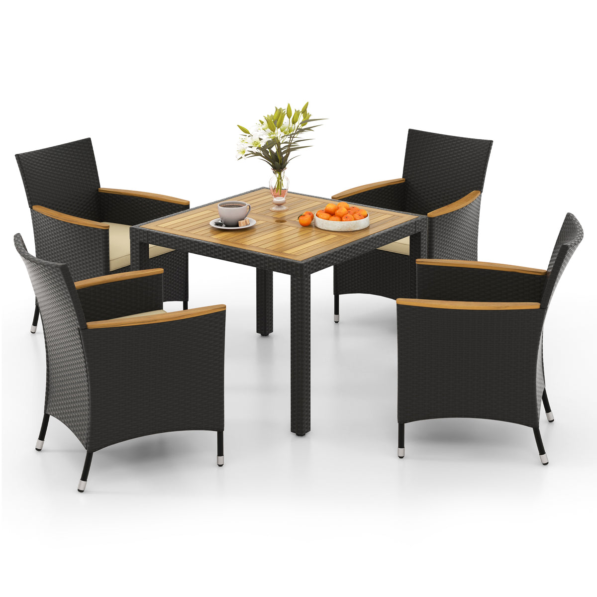5 Pieces Patio Dining Table Set for 4 with Umbrella Hole-Brown-Patio Furniture Sets-DECOROLALA