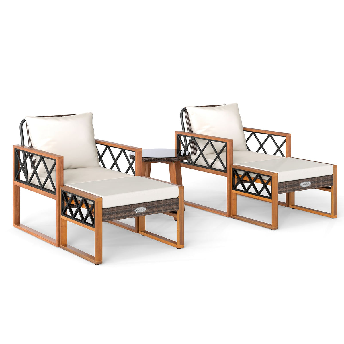 5 Pieces Patio Furniture Set PE Rattan Outdoor Conversation Set with Acacia Wood-Patio Conversation Sets-DECOROLALA