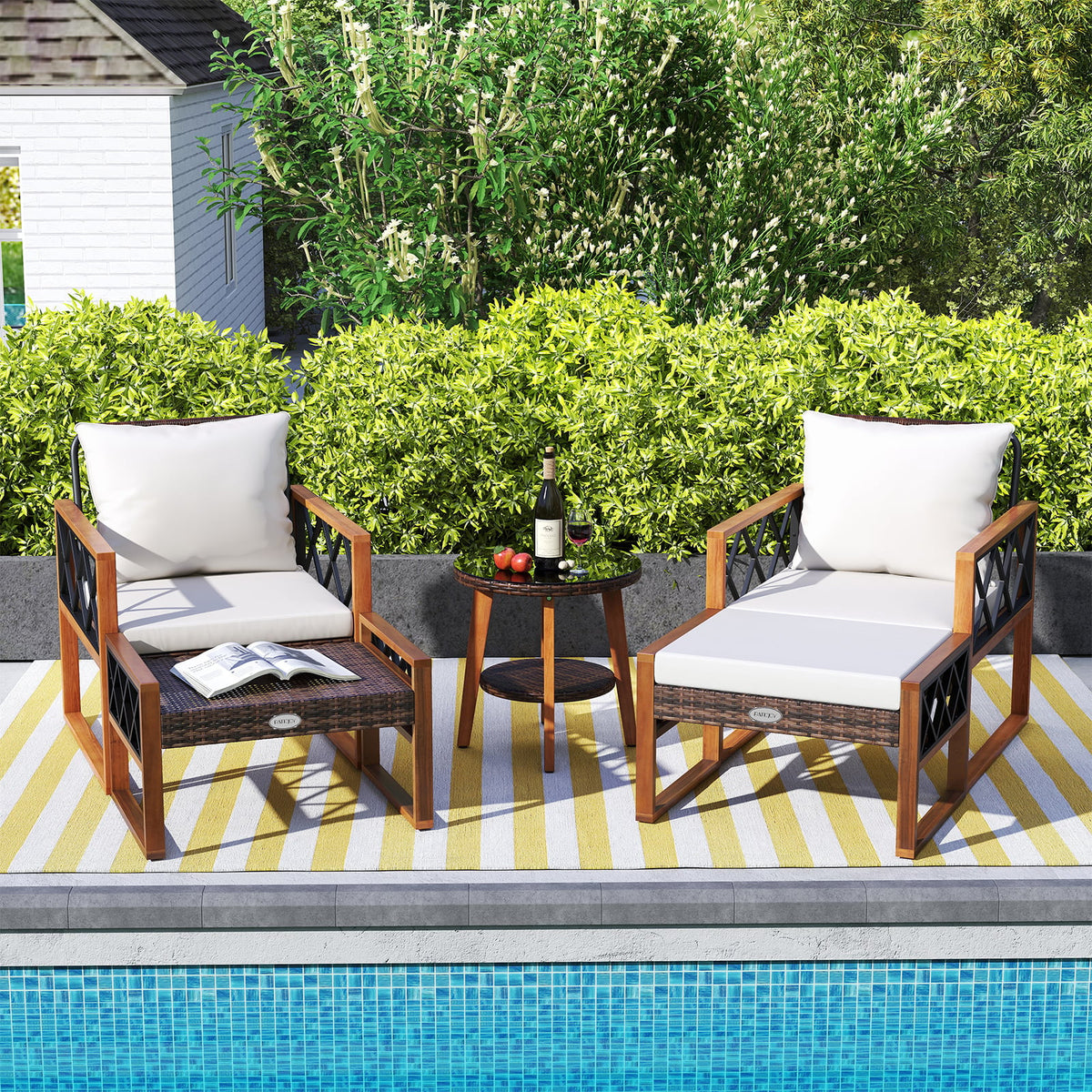 5 Pieces Patio Furniture Set PE Rattan Outdoor Conversation Set with Acacia Wood-Patio Conversation Sets-DECOROLALA