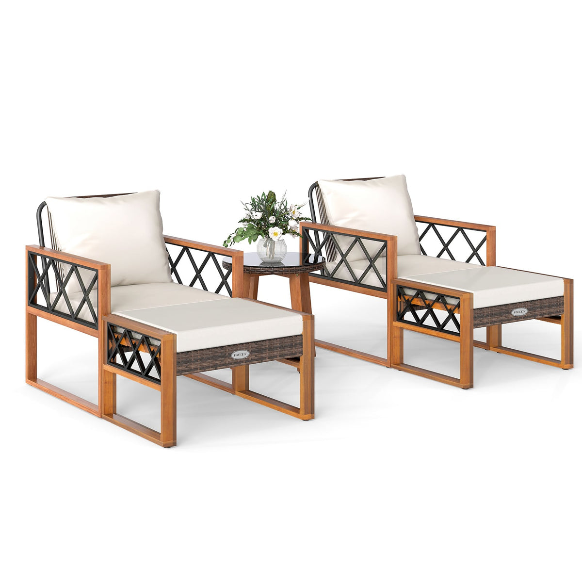 5 Pieces Patio Furniture Set PE Rattan Outdoor Conversation Set with Acacia Wood-Patio Conversation Sets-DECOROLALA