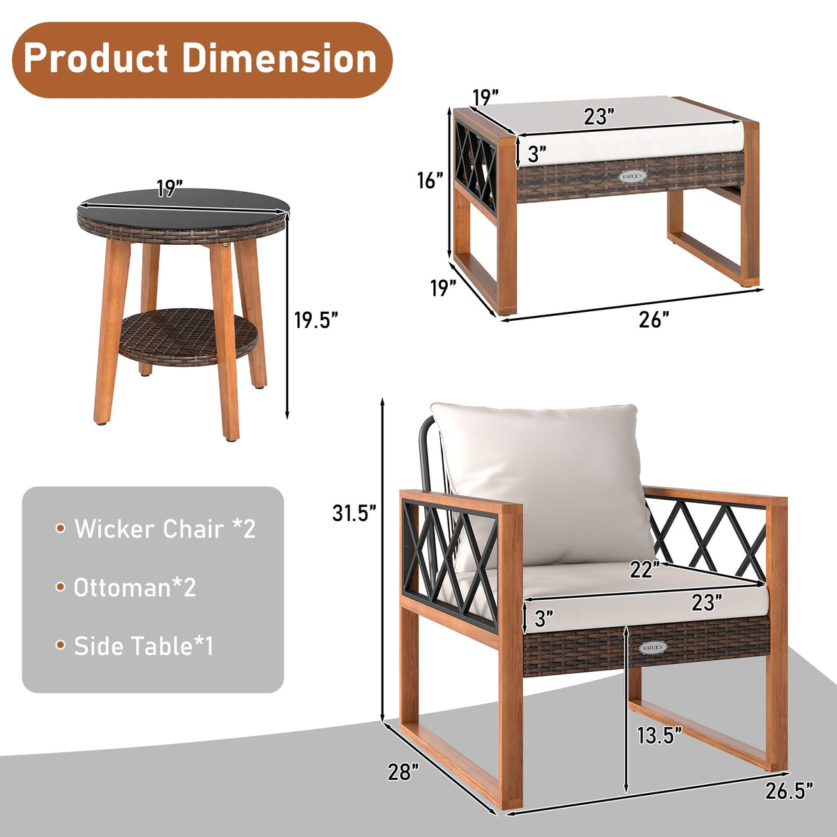 5 Pieces Patio Furniture Set PE Rattan Outdoor Conversation Set with Acacia Wood-Patio Conversation Sets-DECOROLALA