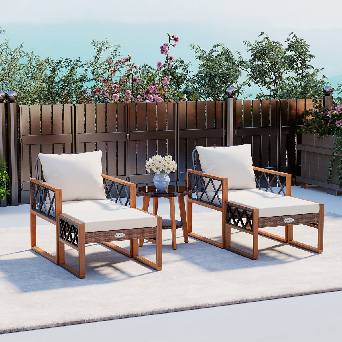 5 Pieces Patio Furniture Set PE Rattan Outdoor Conversation Set with Acacia Wood-Patio Conversation Sets-DECOROLALA