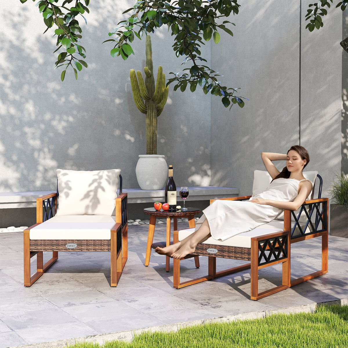 5 Pieces Patio Furniture Set PE Rattan Outdoor Conversation Set with Acacia Wood-Patio Conversation Sets-DECOROLALA