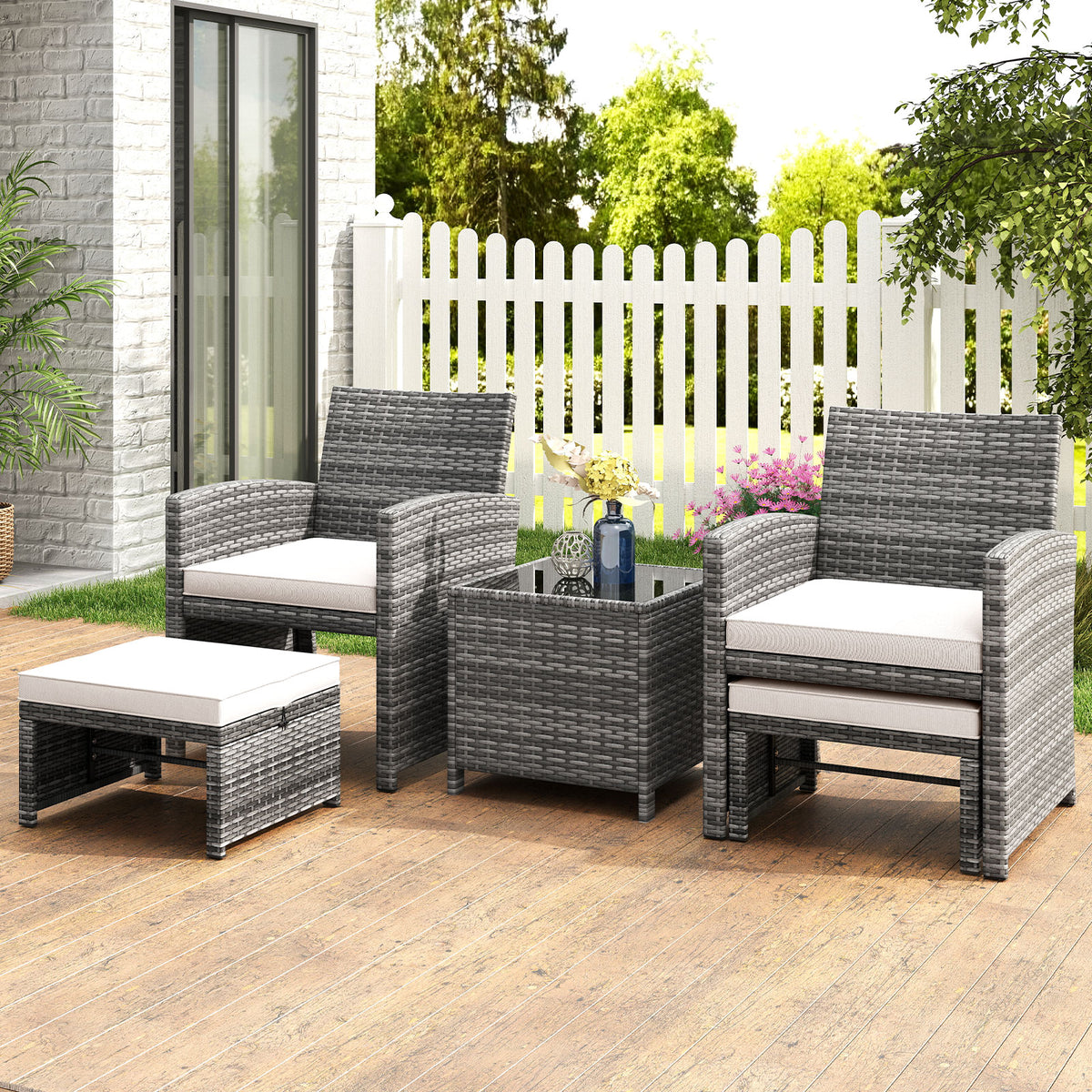 5 Pieces Patio Furniture Set PE Wicker Outdoor Lounge Chairs with 2 Ottomans-White-Outdoor Sectional Sofas-DECOROLALA