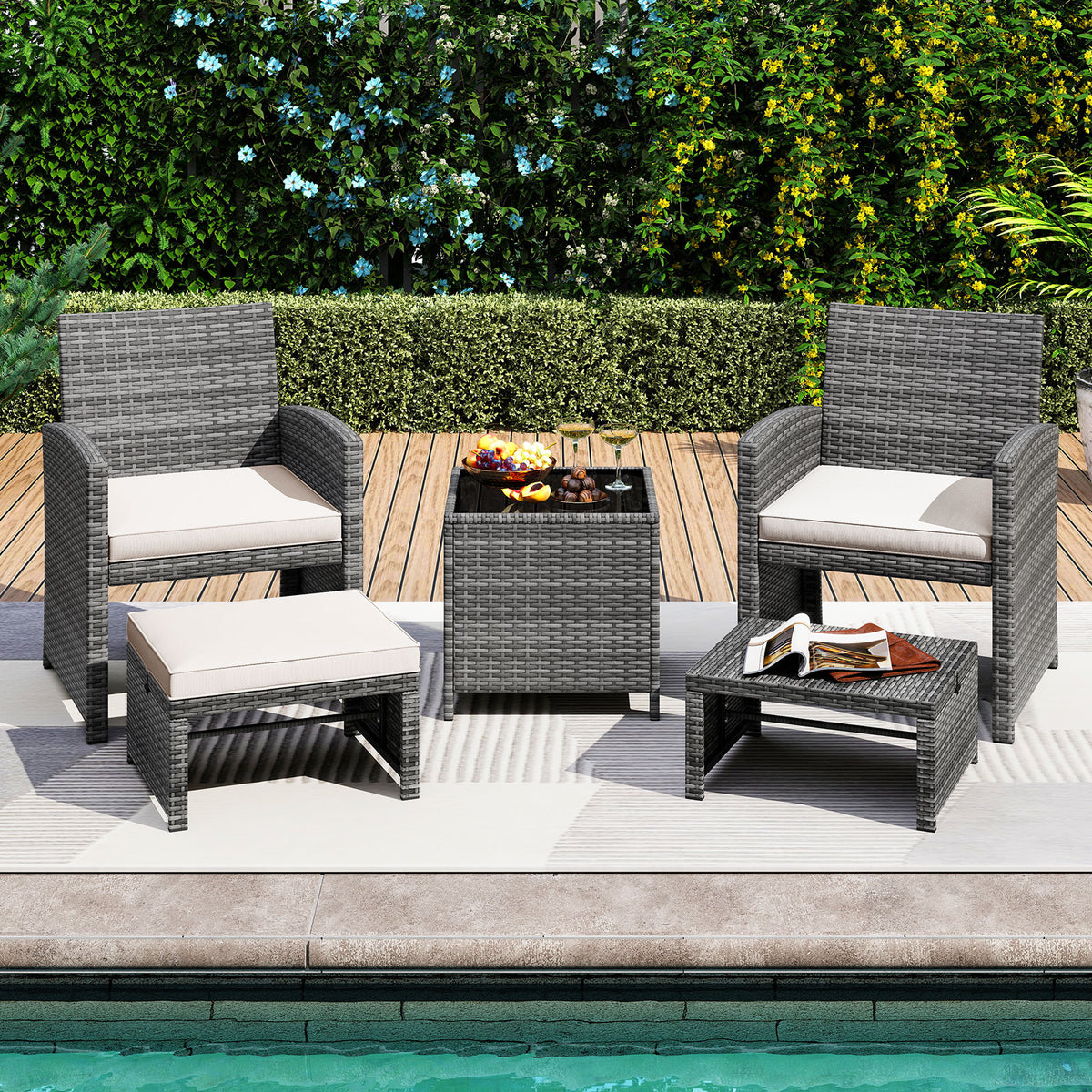 5 Pieces Patio Furniture Set PE Wicker Outdoor Lounge Chairs with 2 Ottomans-White-Outdoor Sectional Sofas-DECOROLALA