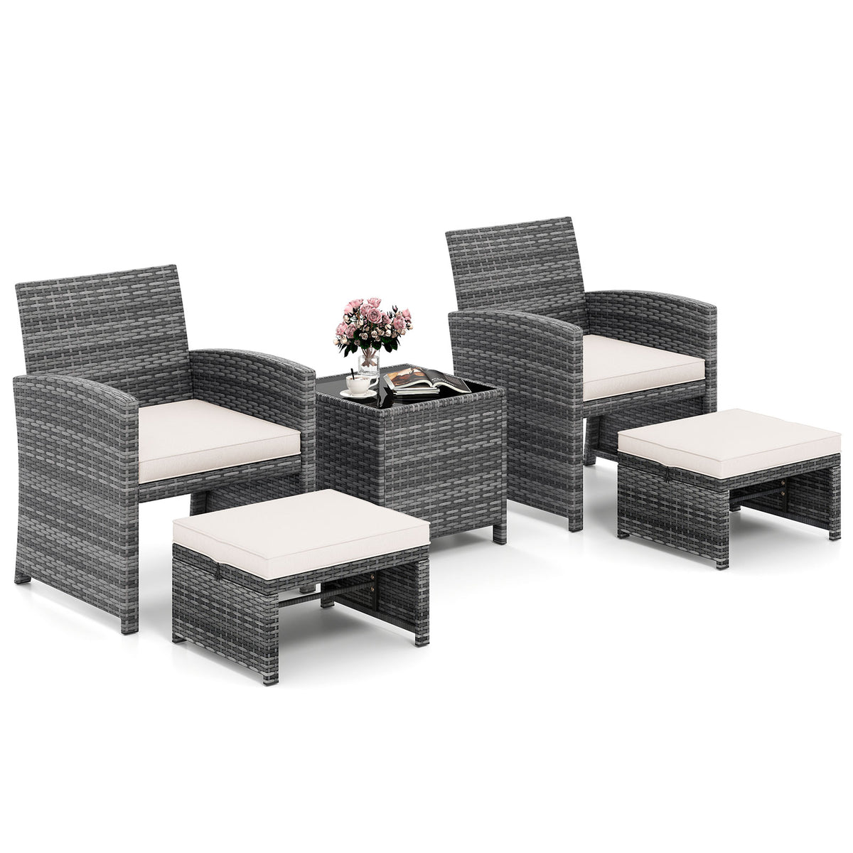 5 Pieces Patio Furniture Set PE Wicker Outdoor Lounge Chairs with 2 Ottomans-White-Outdoor Sectional Sofas-DECOROLALA