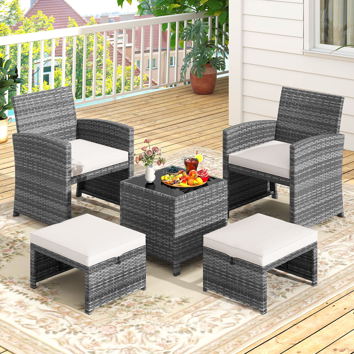 5 Pieces Patio Furniture Set PE Wicker Outdoor Lounge Chairs with 2 Ottomans-White-Outdoor Sectional Sofas-DECOROLALA