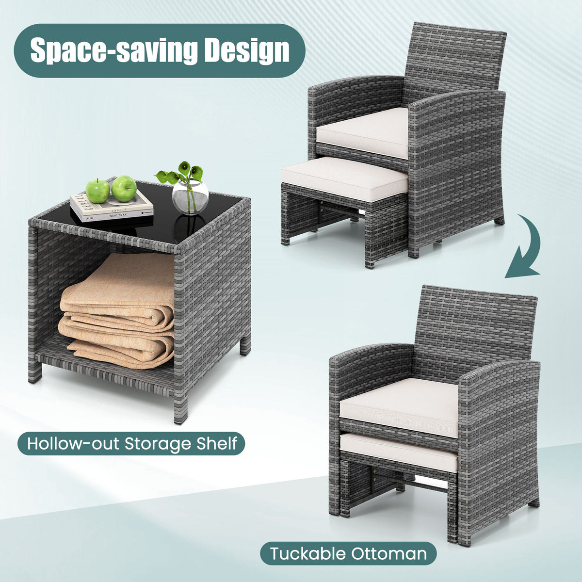 5 Pieces Patio Furniture Set PE Wicker Outdoor Lounge Chairs with 2 Ottomans-White-Outdoor Sectional Sofas-DECOROLALA