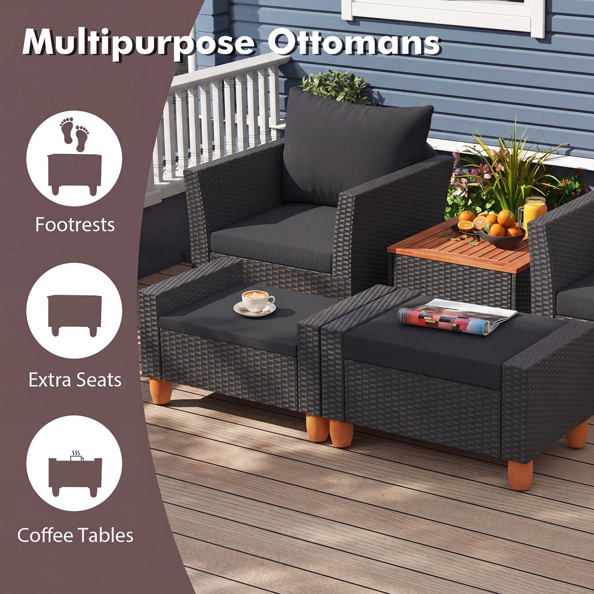 5 Pieces Patio Furniture Set with Loveseat and Armchairs for Porch-Black-Patio Conversation Sets-DECOROLALA