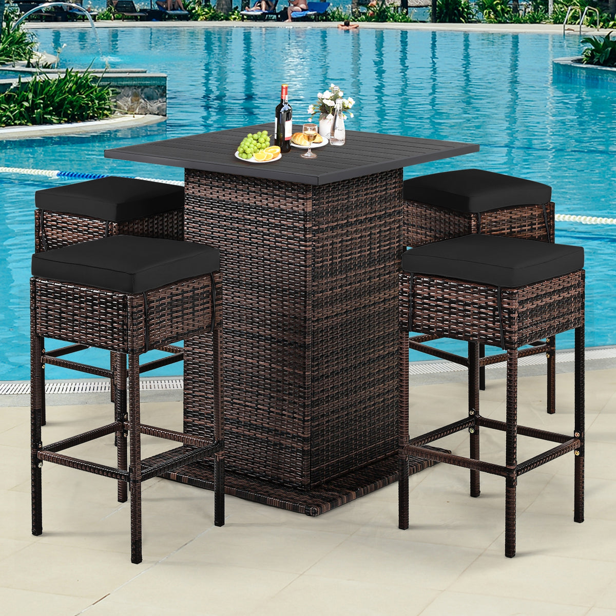 5 Pieces Patio Rattan Bar Furniture Set with Cushions and Hidden Storage Shelf-Black-Outdoor Bar Furniture-DECOROLALA
