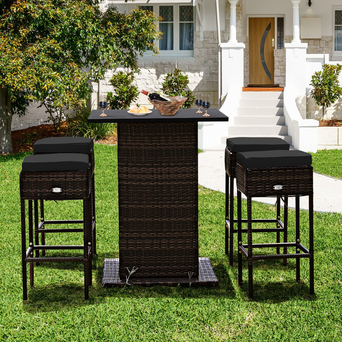 5 Pieces Patio Rattan Bar Furniture Set with Cushions and Hidden Storage Shelf-Black-Outdoor Bar Furniture-DECOROLALA
